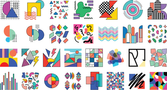Retro Memphis geometric abstract shape elements set featuring 80s 90s style patterns charts blocks and colorful graphic design compositions