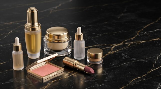 Elegant luxury skincare and makeup products with gold accents on a black marble surface, featuring serums, creams, lipstick, and blush.