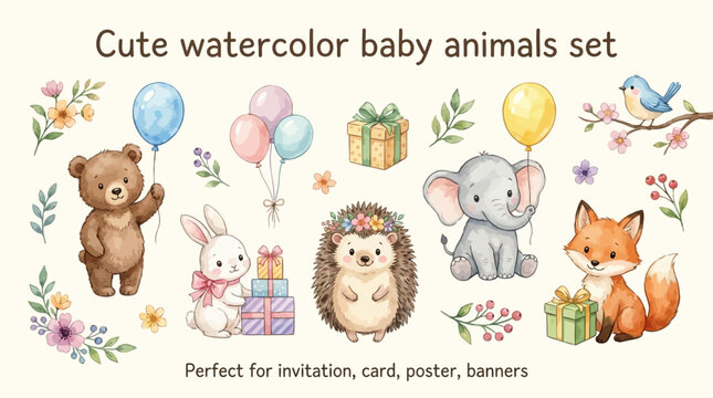 Adorable collection of watercolor baby animals featuring a playful bear, fluffy bunny, prickly hedgehog, majestic elephant, clever fox, and sweet bird with a colorful toy ball clipart set.