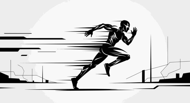 Stylized silhouette of a superhero sprinting through an abstract city