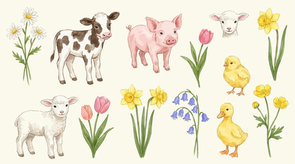 Charming watercolor illustration set featuring cute baby farm animals like calves and piglets adorned with delicate spring flowers and greenery for whimsical nursery decor and child branding. © tae