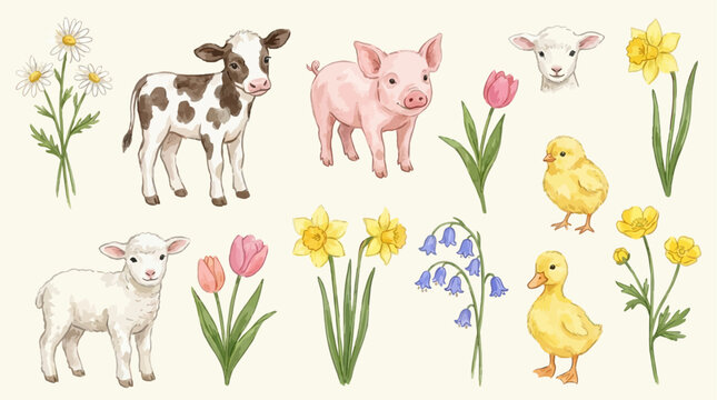 Charming watercolor illustration set featuring cute baby farm animals like calves and piglets adorned with delicate spring flowers and greenery for whimsical nursery decor and child branding.