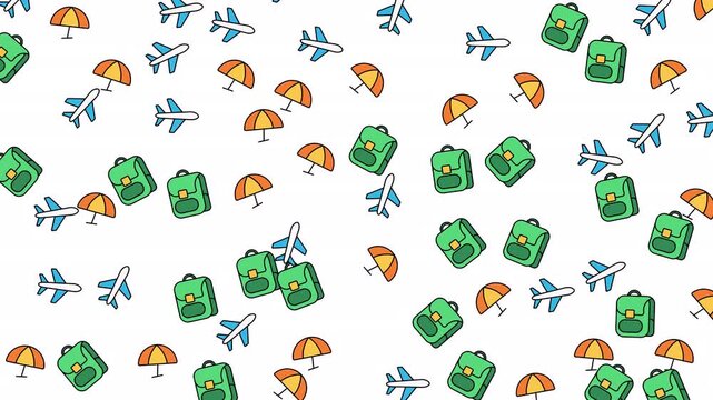 Blue airplanes, green backpacks, orange beach umbrellas pattern for travel and vacation designs. Perfect for travel websites, brochures, and accessories.