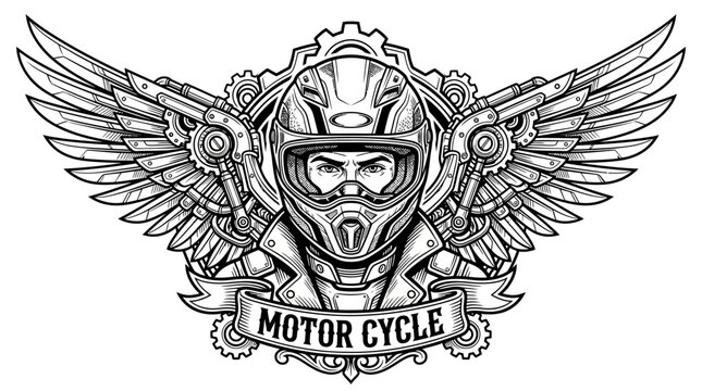 Steampunk Motorcycle Rider Emblem with Wings and Gears - Black and White Illustration