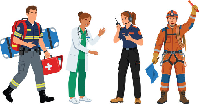 Emergency response professional character collection with firefighter, doctor, paramedic, dispatcher and rescue worker flat vector illustration set