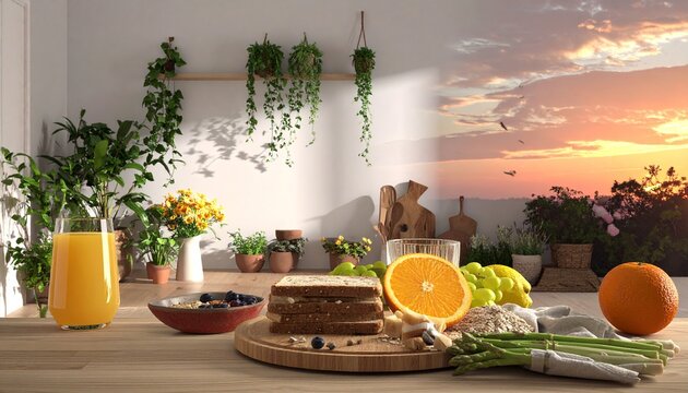 Golden hour still life with citrus fruits and flowers on wooden table.
