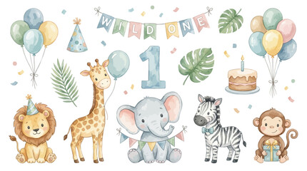 Adorable watercolor safari animal clipart collection for first birthday celebrations, featuring cute jungle creatures like lion, giraffe, and elephant in soft pastel nursery illustration style. © tae