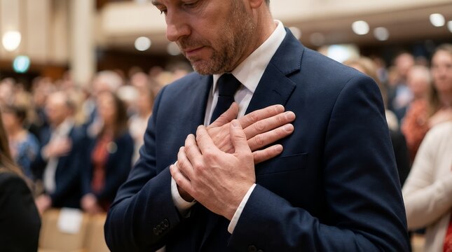 Man in suit holding hands over heart during solemn ceremony or national anthem event.
