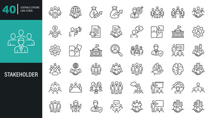Set of seventeen professional stakeholder business line icons featuring diverse corporate partners investor management and employee in minimalist editable vector stroke illustration design © tae