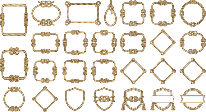 Nautical rope frame vector set featuring isolated traditional marine knots cord borders geometric badges shields circles and vintage seafaring decoration elements