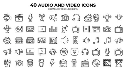 Comprehensive collection of multimedia audio and video interface icons featuring editable line stroke graphics including camera microphone and playback symbols for digital design projects © tae