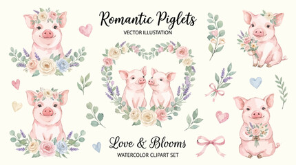 Sweet pink piglet illustration bundle featuring floral wreath, delicate blooming garden element, elegant hand-drawn aesthetic, and charming pastel farmhouse decor for nursery art. © tae