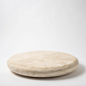 Round travertine stone display platform with travertine platform pedestal presentation minimalist decorative interior showcase geometric background exhibition sophisticated material