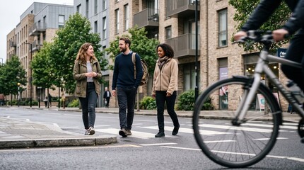 Fototapeta premium Three Friends Stepping Off Curb In Quiet Modern City Neighborhood