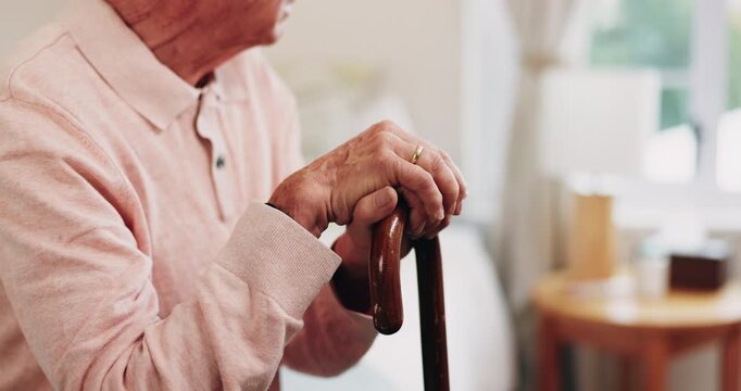 Mental health, thinking or hands in house with walking stick, introspection or insight with nostalgia. Reflection, flashback or senior person with disability, perspective or mindfulness in retirement