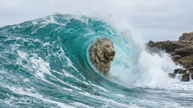 Cat in sunglasses surfs ocean wave concept. A majestic lion emerges from crashing ocean waves.