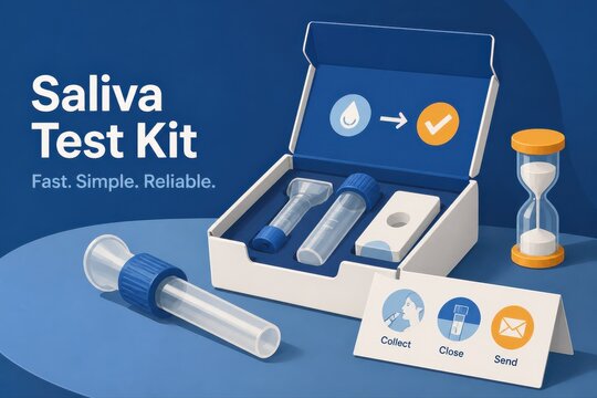 Saliva test kit with sample tube and instruction card in a clean medical 3d render