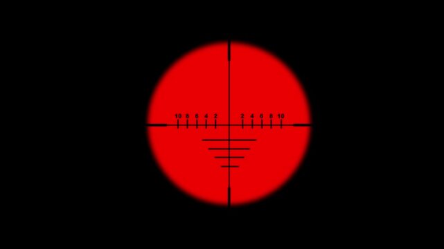 Sniper scope reticle animation for target aiming and alignment. Cross hair sight indicator with distance and scale markings. Precision aiming display element for weapon and 4k animation video.