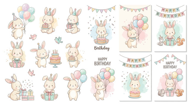 Adorable rabbit birthday collection featuring cute bunnies celebrating with festive party elements like colorful balloons, wrapped gift presents, and joyful holiday decorations for greeting cards.