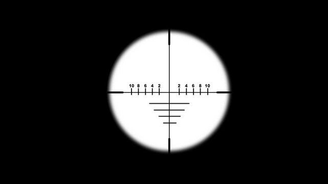 Sniper scope reticle animation for target aiming and alignment. Cross hair sight indicator with distance and scale markings. Precision aiming display element for weapon and 4k animation video.