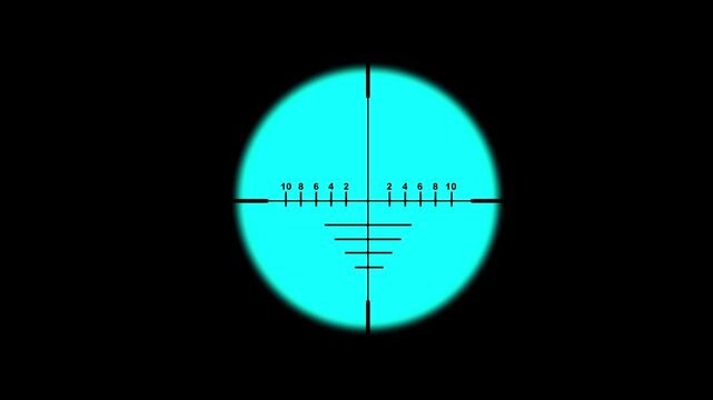 Sniper scope reticle animation for target aiming and alignment. Cross hair sight indicator with distance and scale markings. Precision aiming display element for weapon and 4k animation video.