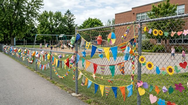 Colorful Children Art Decorations Hanging on School Playground Chain Link Fence.
