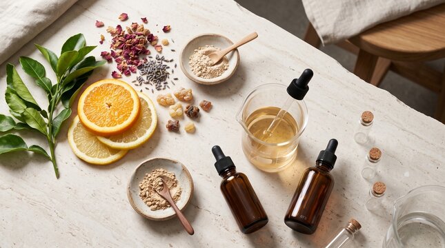 Artisan Perfume Ingredient Flat Lay With Botanical Blending Tools