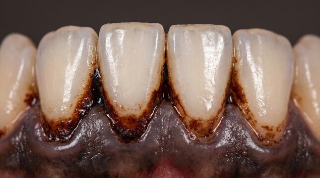 Teeth staining deposit on lower front teeth with dark gumline buildup, macro close up dental discoloration, interdental plaque accumulation, oral health concept