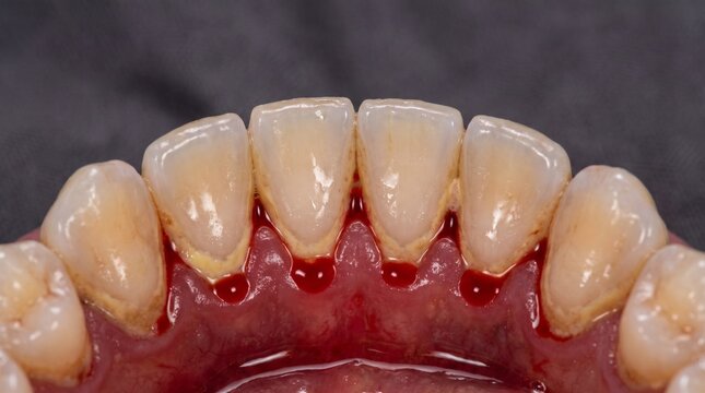 Bleeding gums close up, macro dental photography showing inflamed gingiva with fresh blood, plaque buildup, tartar deposits and lower front teeth clinical oral health condition