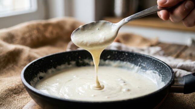 Creamy white sauce being stirred in a frying pan