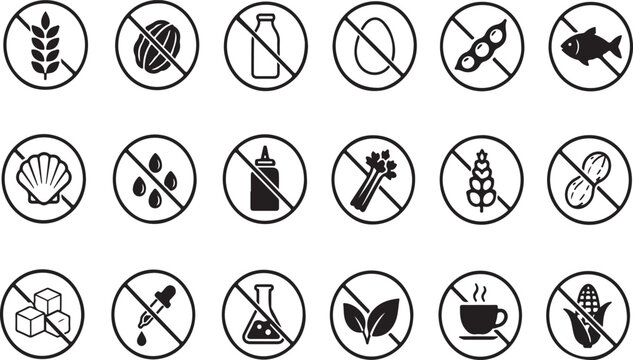 Set of allergen free food icons for healthy diet and nutrition labels Vector