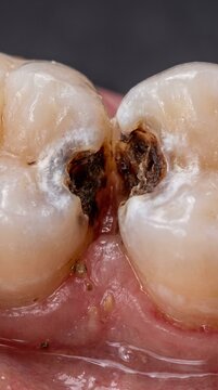 Interproximal cavity tooth decay between adjacent molars, extreme macro close up showing deep dental caries, enamel demineralization and inflamed gum tissue