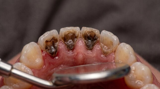 Early childhood caries baby teeth decay, hyper detailed macro close up of severely decayed primary front teeth with inflamed gums, pediatric dental disease medical concept