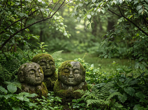 Moss covered stone face statues in lush green forest with ferns and soft natural light