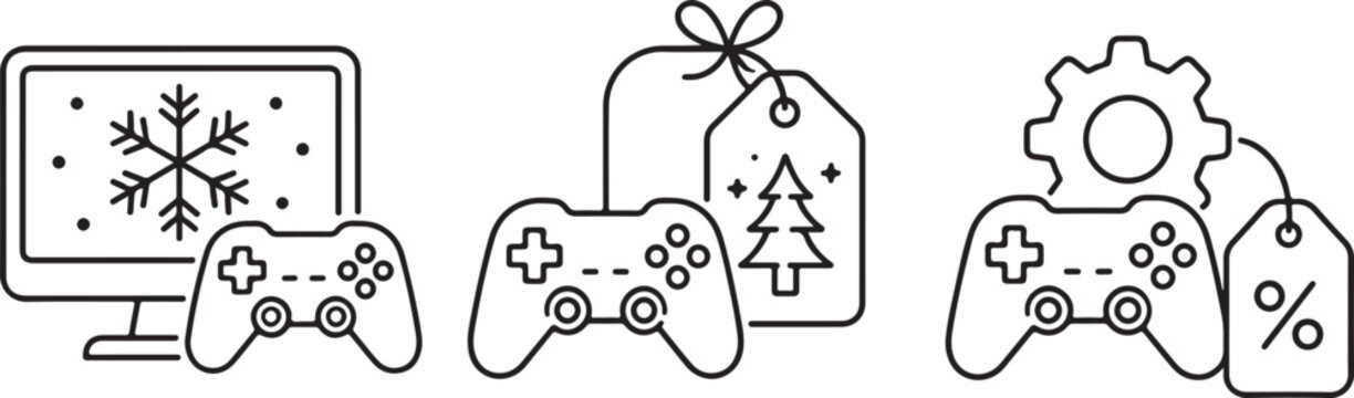 Set of winter and sale video game controller icons in outline style Vector