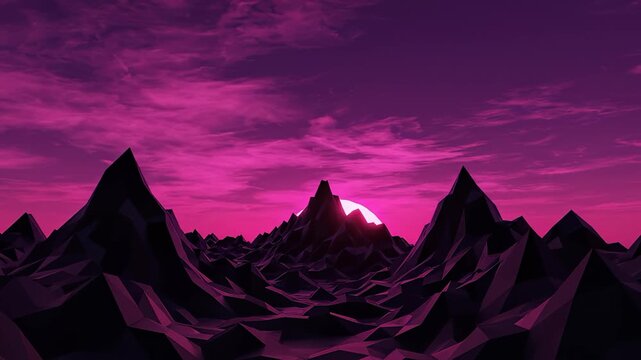 Abstract Geometric Mountain Landscape with Evolving Sunset Sky at Twilight.