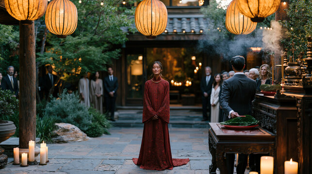 Vietnamese wedding ceremony at twilight with bride in intricate ao dai standing beneath hanging lanterns, groom placing ceremonial betel leaf offering on ancestor altar, incense