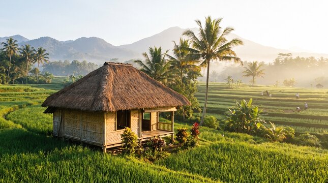 Traditional bamboo hut surrounded by lush rice fields in rural Bali.