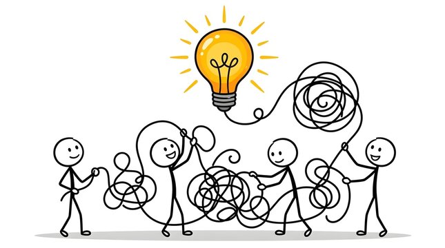 Five Stick Figures Collaborating to Untangle Thread Connected to Glowing Lightbulb, Teamwork Solving Problem Concept