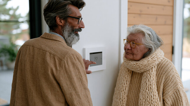 Inuit homeowner demonstrates a smart thermostat panel to a prospective buyer in a bright modern entryway, both leaning toward the wall display, the connected home's technology