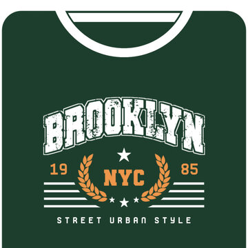 Vintage Brooklyn NYC varsity t-shirt design featuring distressed collegiate typography, laurel wreath, stars, 1985 detail, and classic urban streetwear style on a bold layout.