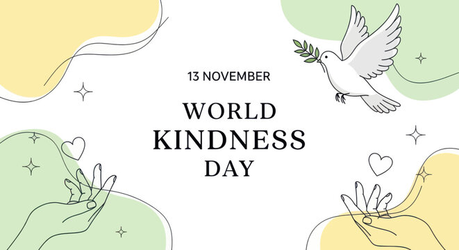 World kindness day banner with dove and hands