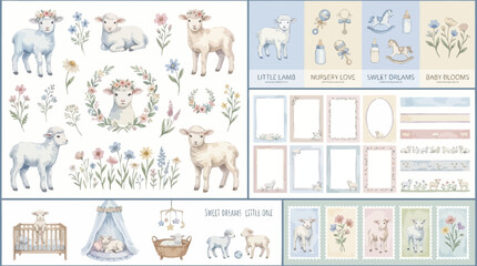 Adorable watercolor lamb collection featuring delicate floral elements and soft nursery accents for children illustration design with gentle charm and whimsical pastel colors artistic style © tae