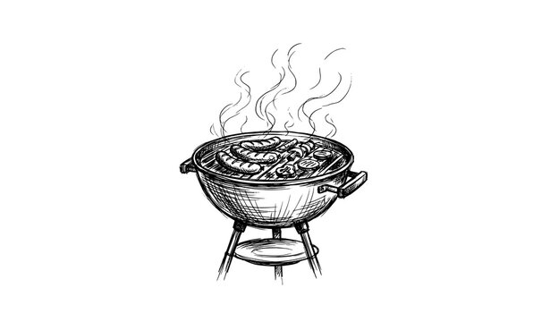 Barbecue grill with smoking sausages and vegetables hand drawn sketch