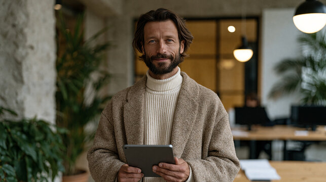 Learning path recommendation engine displayed on a tablet held by a Colombian professional in a modern coworking space, AI-suggested course sequence highlighted, skill profile