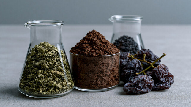 Minimalist studio arrangement of polyphenol dense green tea, dark cocoa powder, and purple grape skins in small glass laboratory vessels, each ingredient labeled with precise