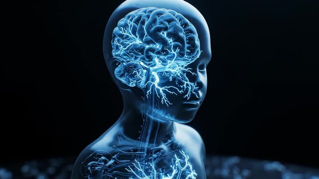 Abstract holographic child human body model displaying internal nervous system and brain activity with pulsing blue light energy, medical scientific animation for healthcare research concepts.