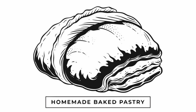 Very beautiful black and white realistic vector illustration of a homemade baked pastry featuring a bold label reading "HOMEMADE BAKED PASTRY", golden flaky crust, artisan bakery styling, crisp layere