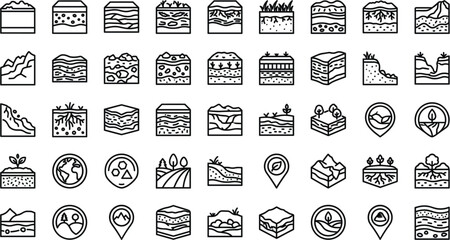 Soil Horizons and Geological Stratum Cross Section Line Icon Set with Ground Layers Landslides Agriculture Fields and Earth Science Symbols for Environmental Geography DesignsSoil Horizons and Geologi © MDJAHIDUL