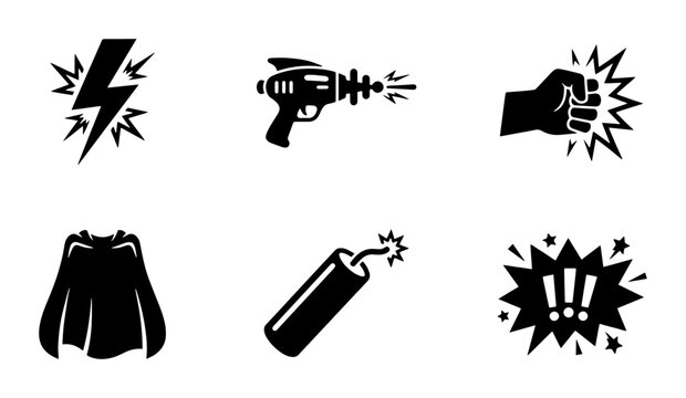 Superhero Action Icons: Lightning Bolt, Ray Gun, Fist, Cape, Dynamite, Explosion Graphics
